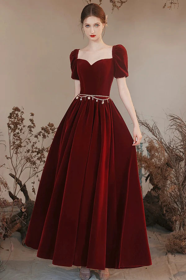 Wholesale Burgundy Velvet Floor Length Prom Dress Lovely A-Line Evening Party Dress